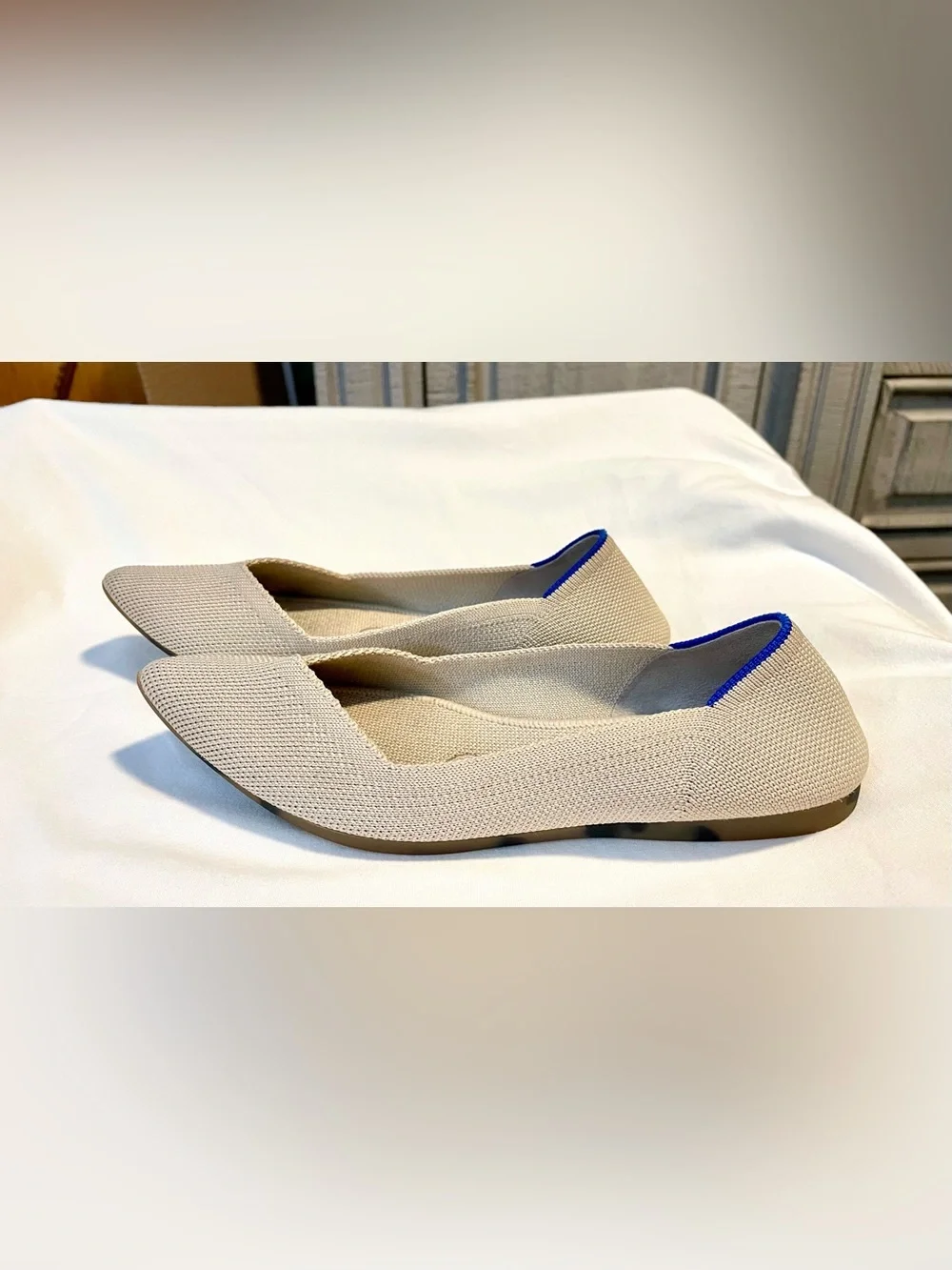 Rothy's The Point Ballet Flats Shoes- Beige w/Leopard Soles-SlipOn/Wash-Wmn Sz 5